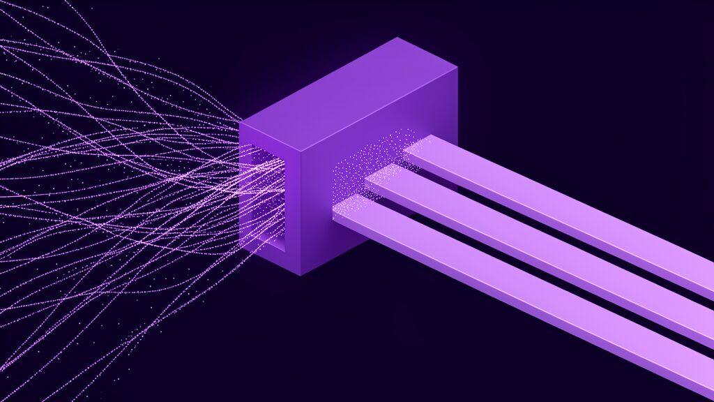 Many scattered particle streams funnelling through a frame and leaving as three clean parallel channels, hardware data resolved into defined disclosure requirements