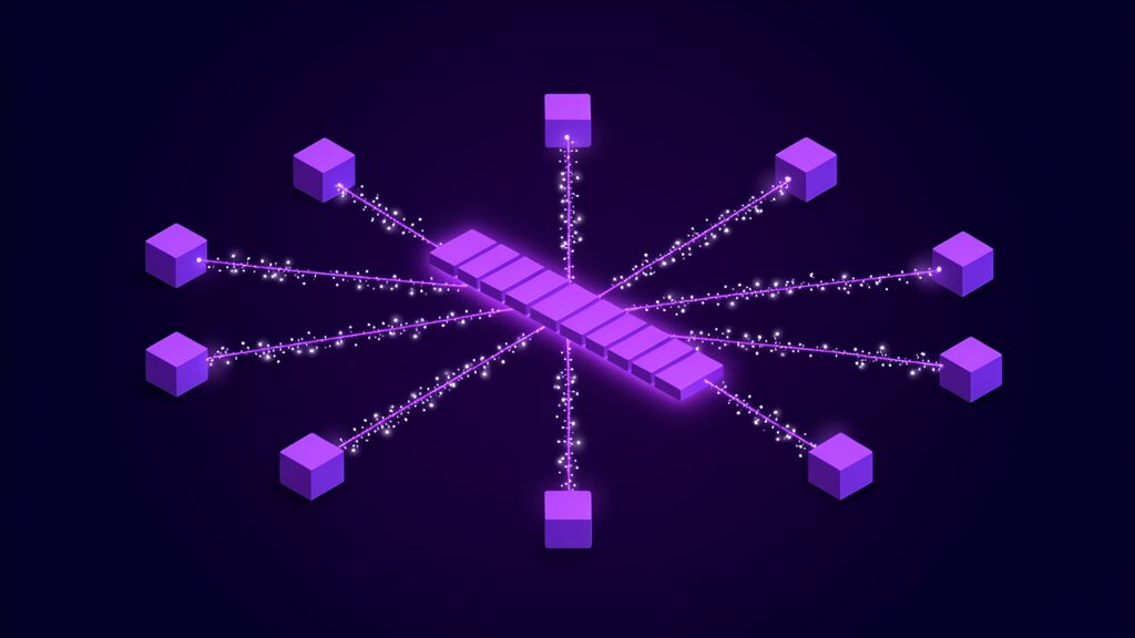Six separate blocks each linked by a bright line to one long segmented central spine, six source systems joined onto a single asset-level record