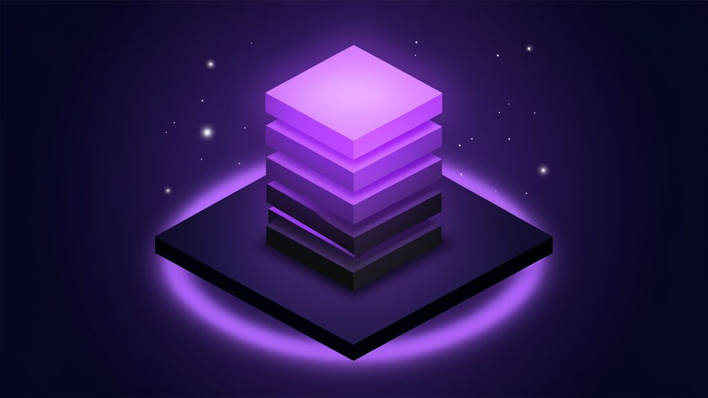 One tall stack of six identical flat slabs on a dark platform with only the topmost slab lit brilliantly and the five beneath it dark, the visible share of IT deployment costs sitting on top of the hidden ones