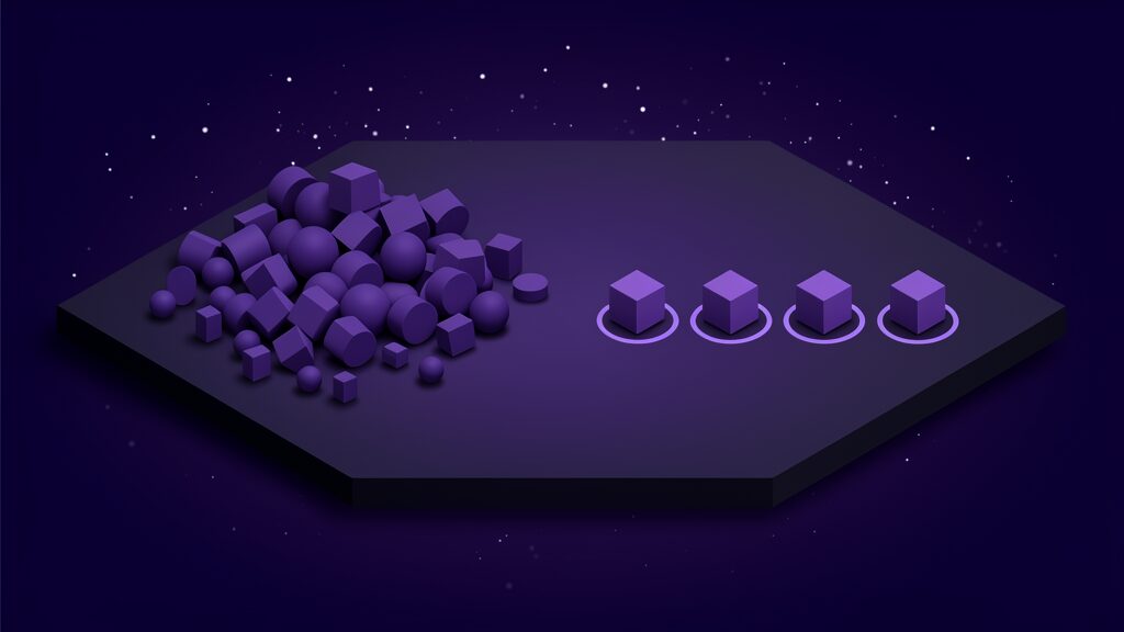 A disordered heap of twenty mismatched dull solids on one half of a dark platform beside four identical cubes standing evenly spaced each inside its own ring of light on the other half, a fragmented hardware catalogue reduced to a standard set
