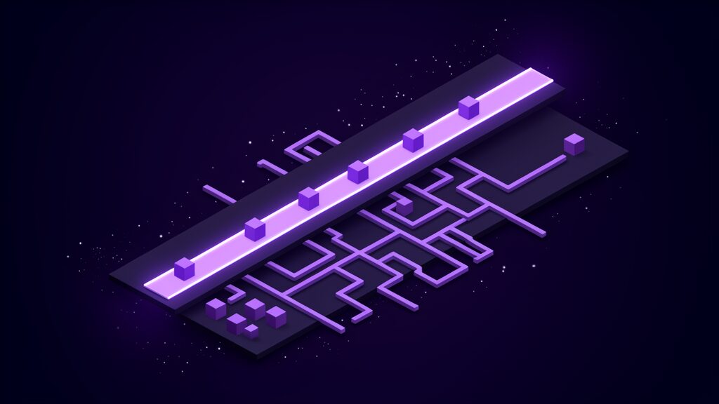 One long perfectly straight glowing channel carrying evenly spaced cubes across a dark platform above a tangle of short crooked broken channels with cubes stranded beside them, forecast-driven buying against reactive purchasing