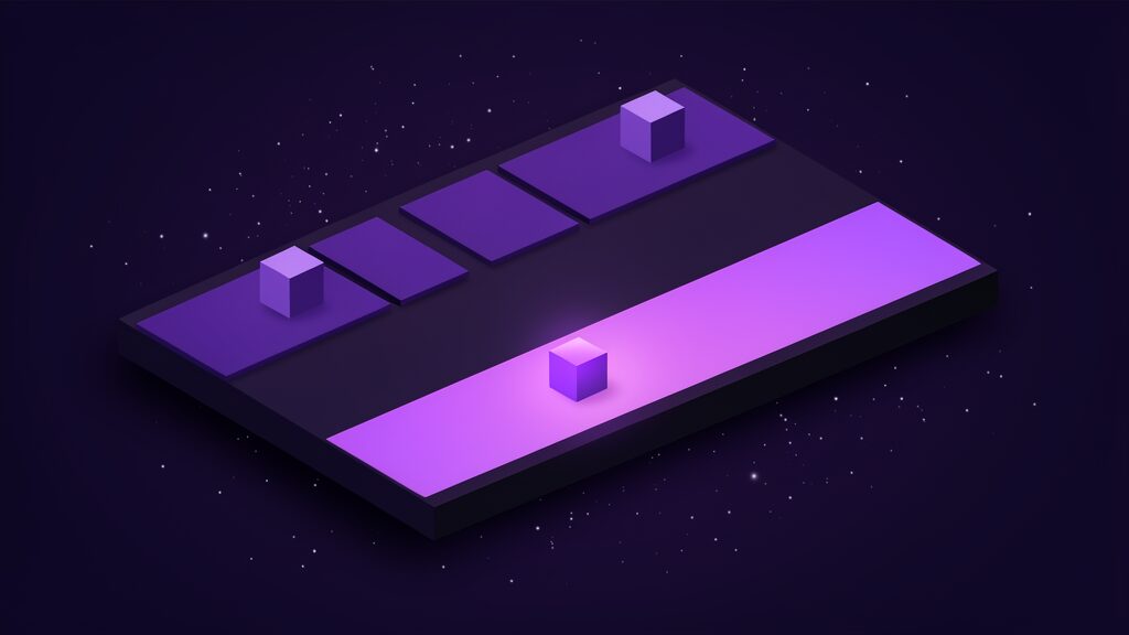 Two flat routes across a dark platform, a dim upper channel chopped into four disconnected segments with a stalled cube in each gap and a lower channel running unbroken and brilliant with a single cube on it, staged provisioning against zero-touch direct despatch