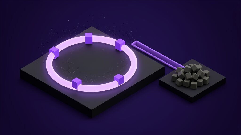 One large empty closed loop of glowing channel carrying five evenly spaced cubes on a dark platform, and beside it a short unlit channel that stops dead at a heap of matte grey solids, asset and licence reclamation against a one-way deployment