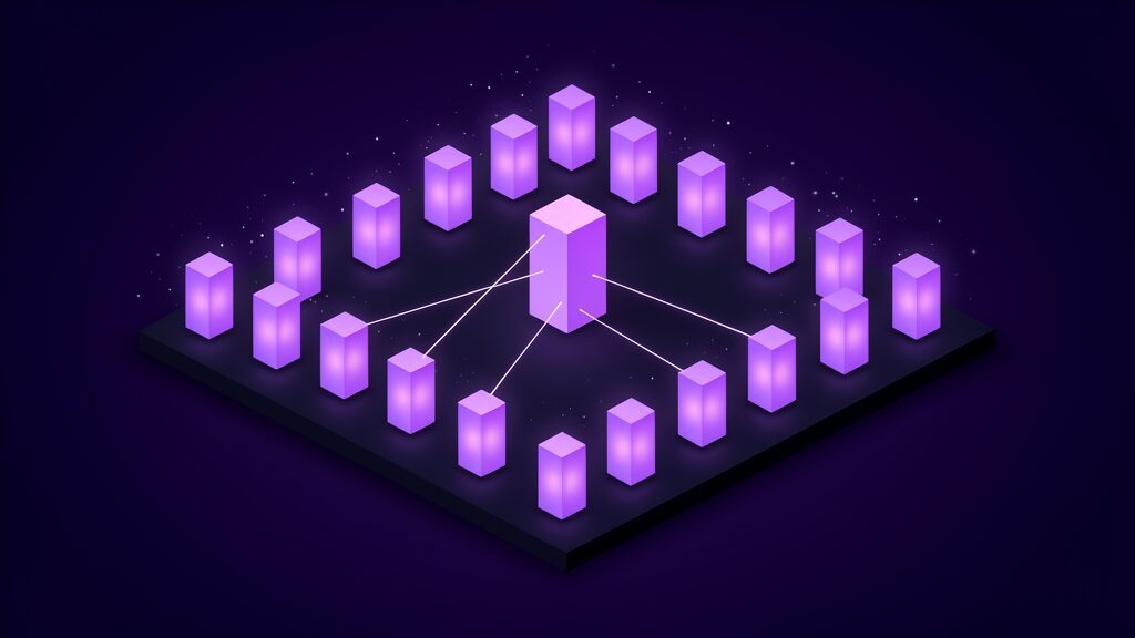 Eighteen identical upright solids all faintly glowing on a dark platform with a single bright central block joined by threads of light to only three of them, infrastructure that is running and being paid for while almost none of it is connected to anything