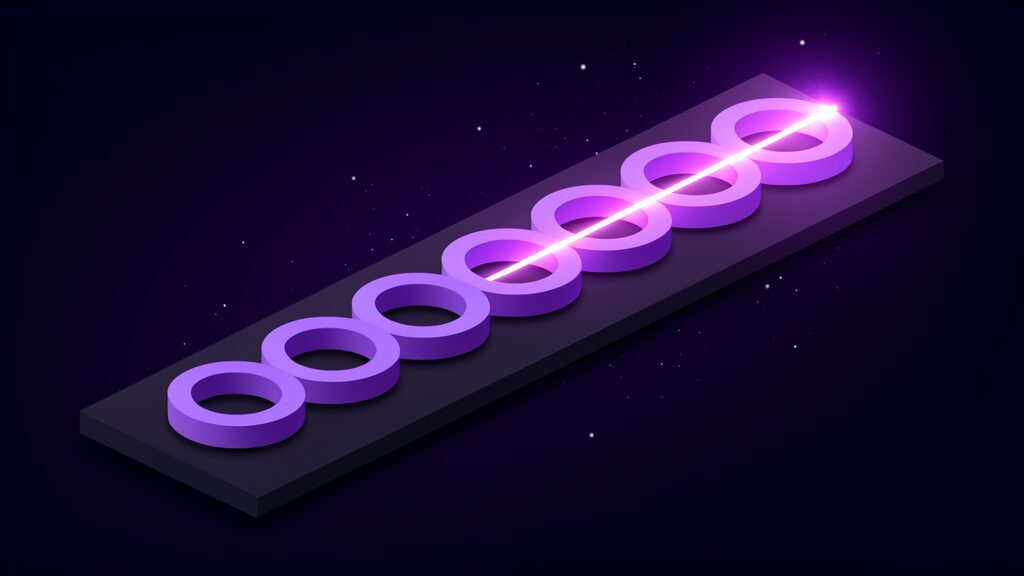 Eight identical solid rings lying flat in a straight line on a dark platform with one thin channel of light threading through every ring in turn, unlit before the first and blazing after the eighth, an eight-step readiness sequence with a gate at each stage