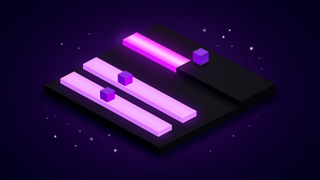 Half duplex turn-taking against the MAI Realtime full duplex model, a dark platform carrying one narrow channel lit on only half its length with a cube waiting at the dark end, above two parallel channels both fully lit at once each carrying a cube