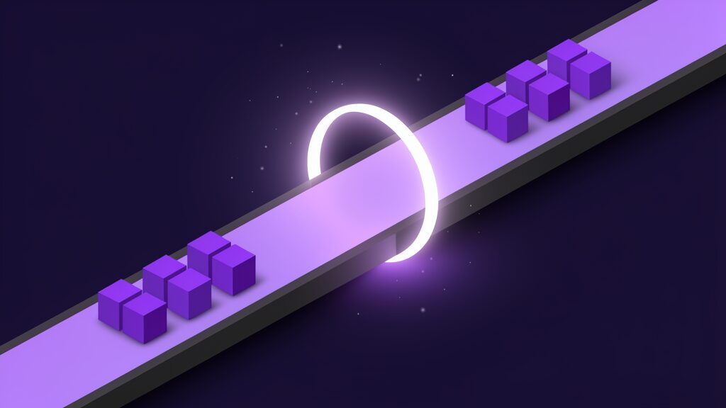 Endpointing in MAI Realtime shown as one long channel of light on a dark platform carrying two close groups of identical cubes with a single brilliant ring standing upright at the one point between the groups, the decision about exactly where a turn ends