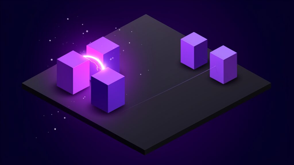 The MAI Realtime latency budget shown as two pairs of identical blocks on a dark platform, the left pair almost touching with a brilliant arc of light leaping the hairline gap between them and the right pair far apart with a faint thread barely crossing the wide dark gap