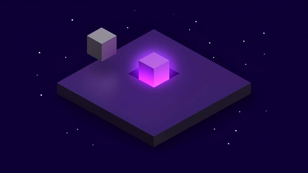 MAI Realtime replacing a licensed component, one large dark block on a platform with a square recess in its upper face, an unlit matte grey cube lifted out to one side and an identical cube glowing brilliantly seated in the recess
