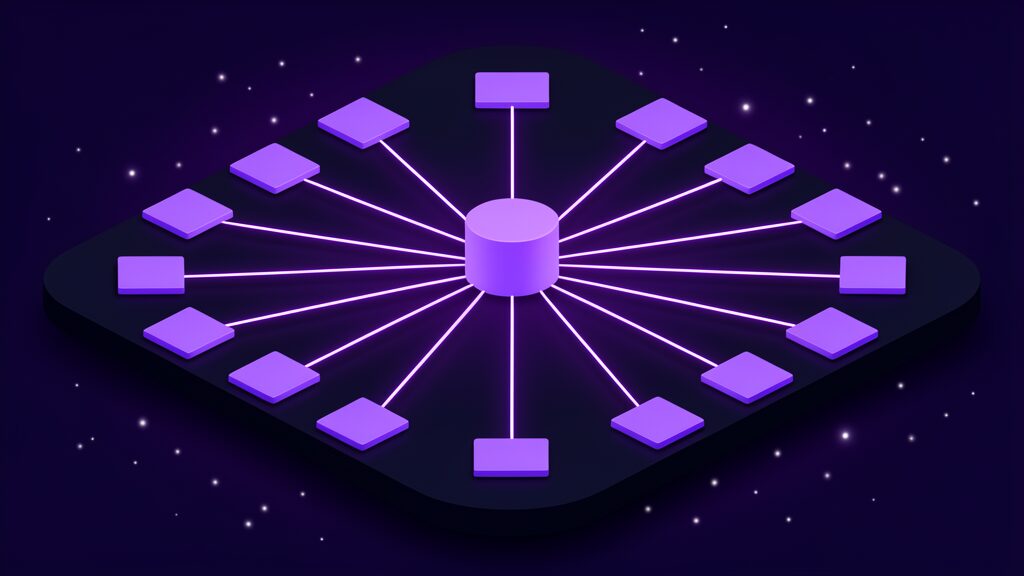 MAI Realtime multilingual coverage shown as one bright central node on a dark platform with straight channels of light radiating evenly in every direction to many small flat tiles all exactly the same size and all lit to exactly the same brightness, no language privileged
