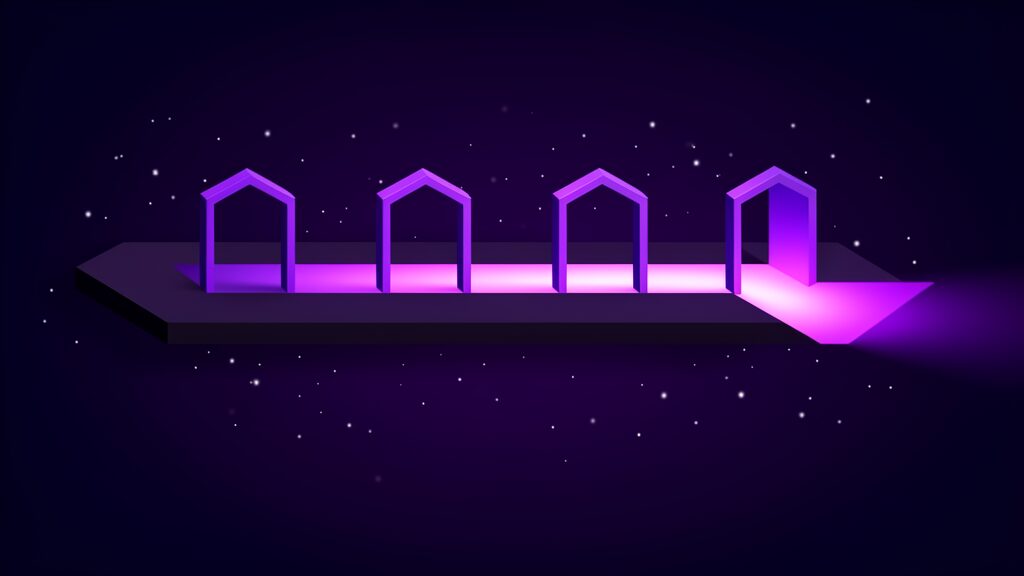 The MAI Realtime readiness sequence shown as four identical open gateways standing in a row on a dark platform with one continuous channel of light running beneath them, unlit where it starts and blazing where it leaves the fourth gateway, a gate at each stage