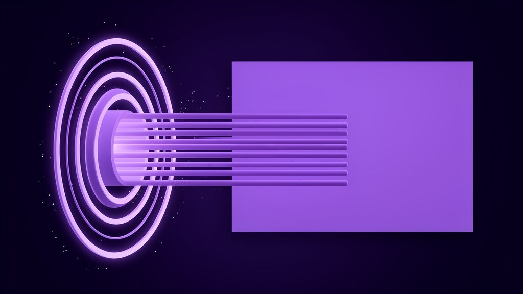 Concentric sound rings stretching into a blank panel and settling as evenly spaced bars, speech becoming editable text in the Meta AI prompt box