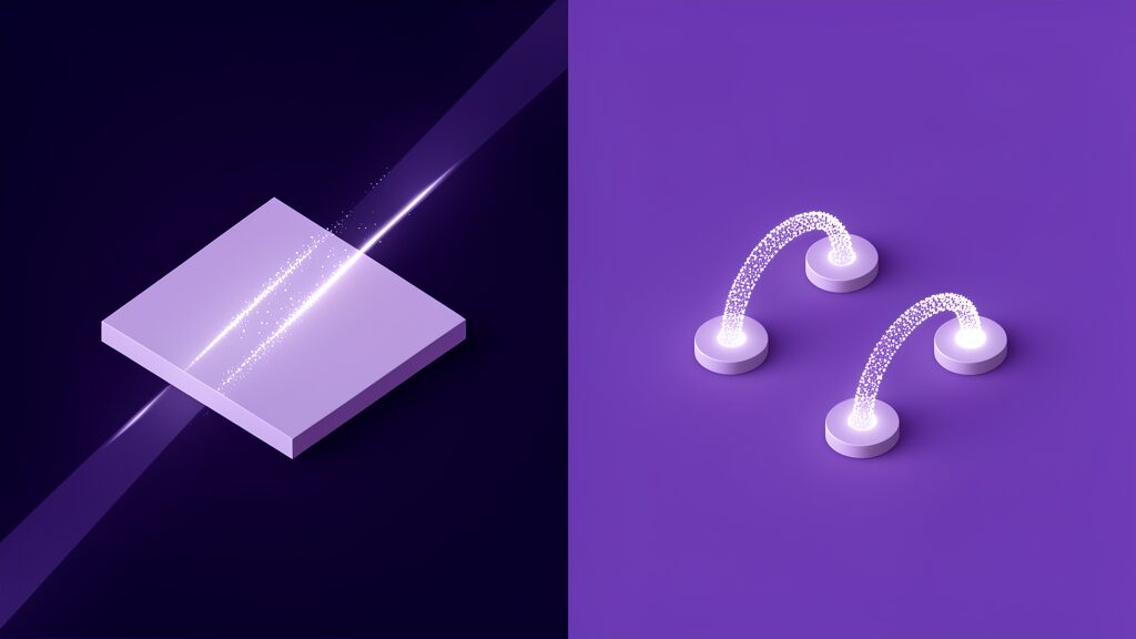 A one-way channel of particles beside a two-way looping exchange, the difference between dictation and a spoken conversation