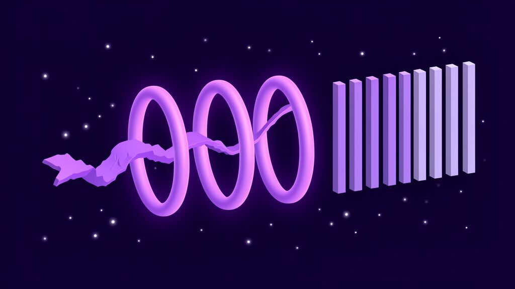 A jagged ribbon passing through three rings and emerging as straight even bars, raw speech refined into punctuated and formatted text