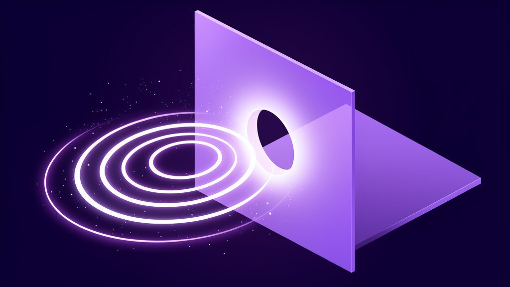 Sound rings meeting a translucent barrier with a single open aperture, the one permitted route through a microphone permission boundary