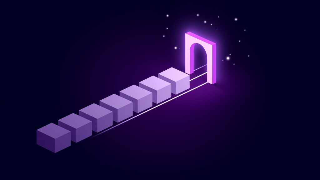 A line of blocks advancing toward a single lit archway, the November 2026 licence deadline every Azure VMware Solution deployment has to pass through
