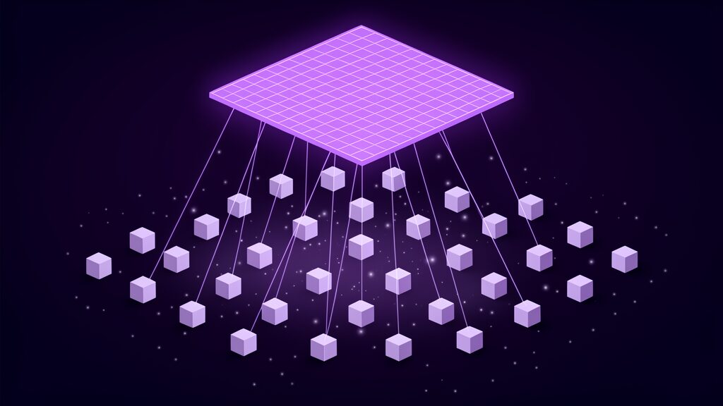 A single glowing grid plane sending a beam down to every scattered block below, one control plane reaching an estate that has not moved yet