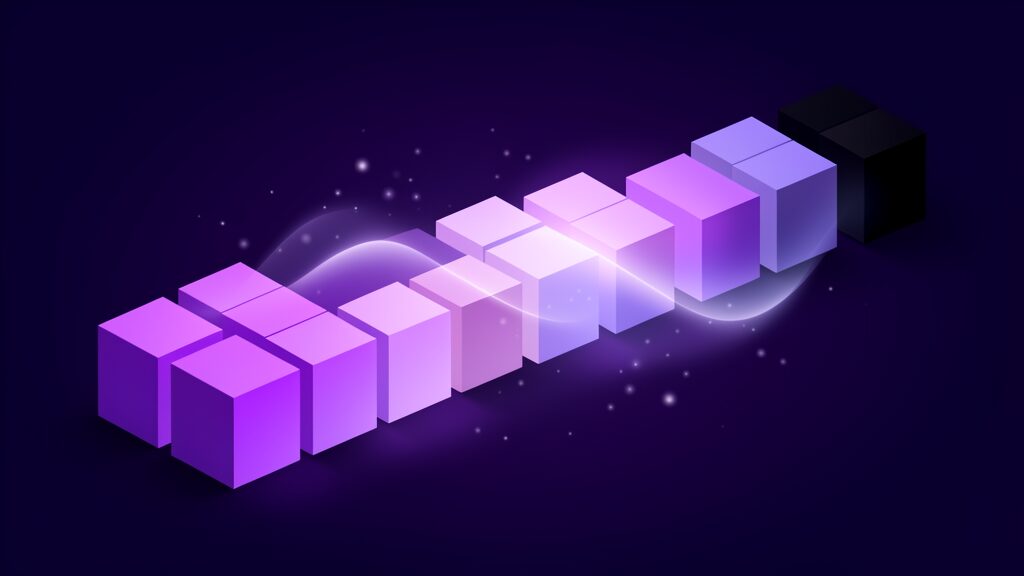 Four ordered groups of blocks lit from fully bright to still dark, migration waves progressing in sequence rather than all at once