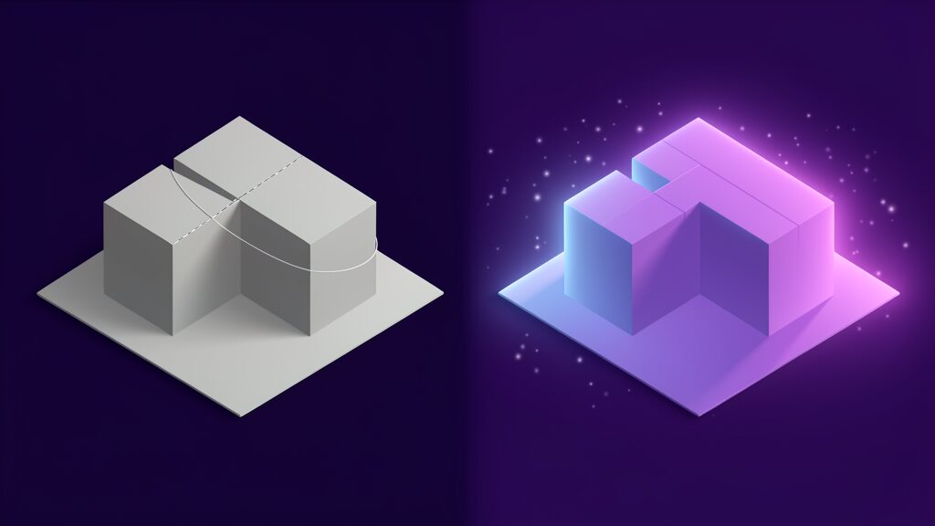 Grey 3D blockout on the left becoming a finished lit shot on the right