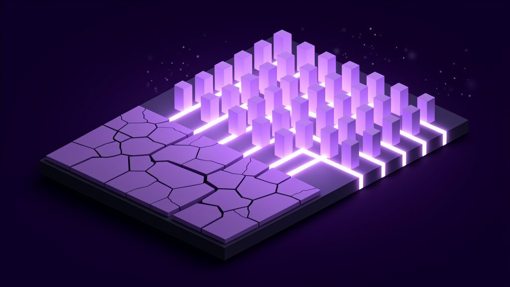 A dark platform whose left half is a field of cracked unlit slabs lying flat and whose right half is the same slabs standing upright, evenly spaced and glowing, joined to a bright channel of light beneath, an unsupported estate becoming a resilient one
