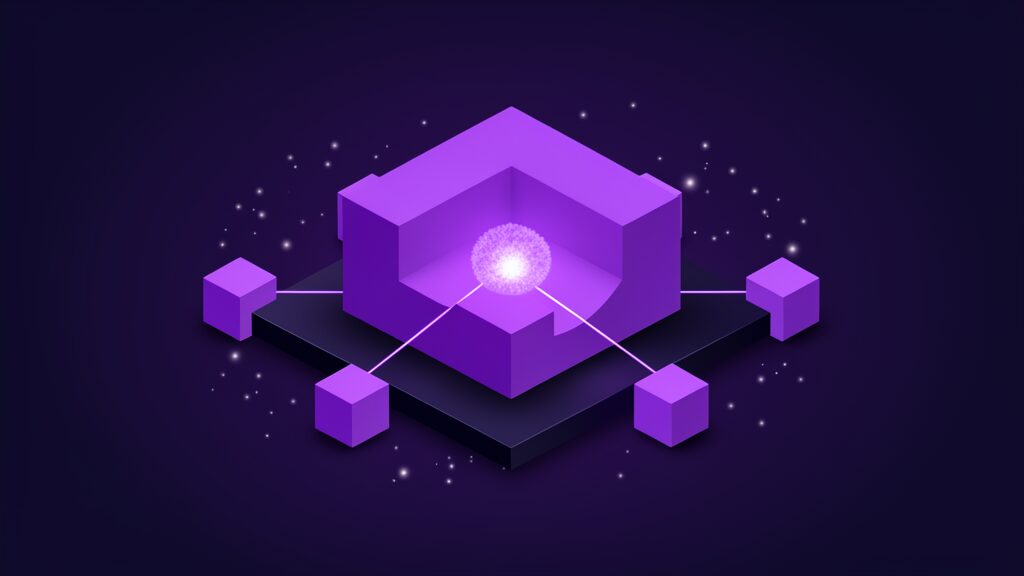 One large solid block with a small extremely dense glowing core sealed at its centre behind unbroken walls, threads of light running out to five smaller blocks around it, a hardware root of trust anchoring the protections built on it