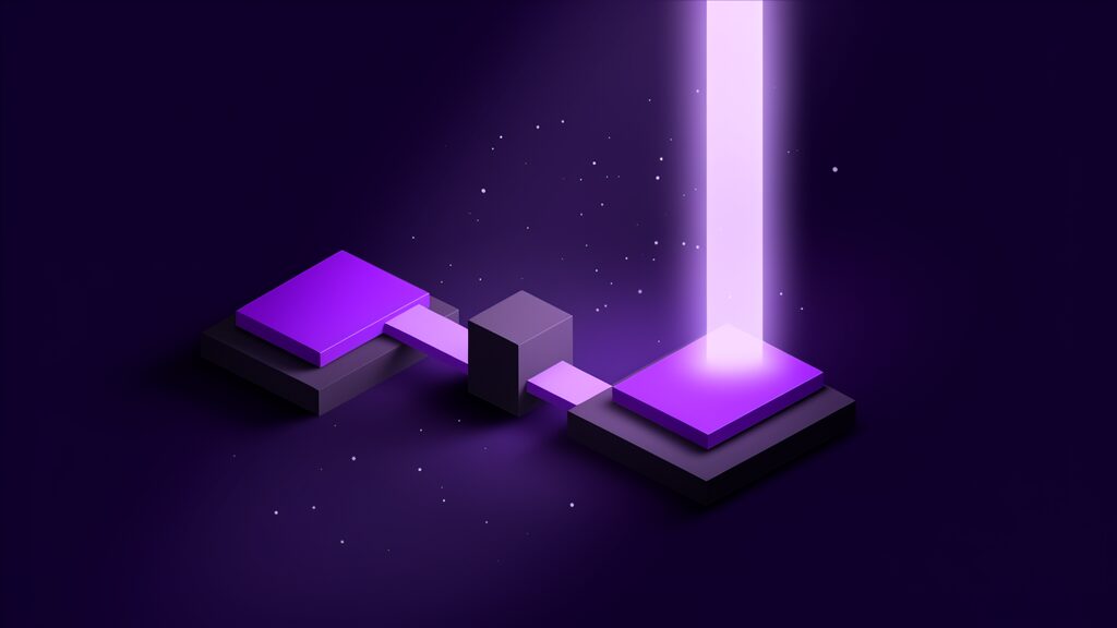 Two identical upright slabs, the left one fed by a channel that passes through a dark angular block where the light dims and scatters, the right one fed by a clean unbroken beam descending from above, an intercepted network path beside a direct cellular one