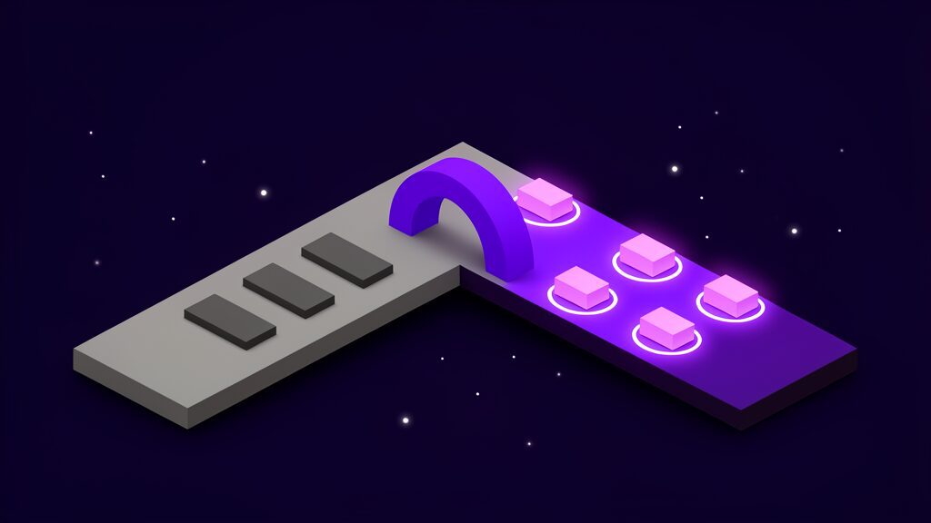 A row of plain unlit slabs travelling along a glowing channel through a single sealed arch and emerging on the far side lit and each encircled by its own ring of light, zero-touch provisioning turning bare hardware into a governed endpoint