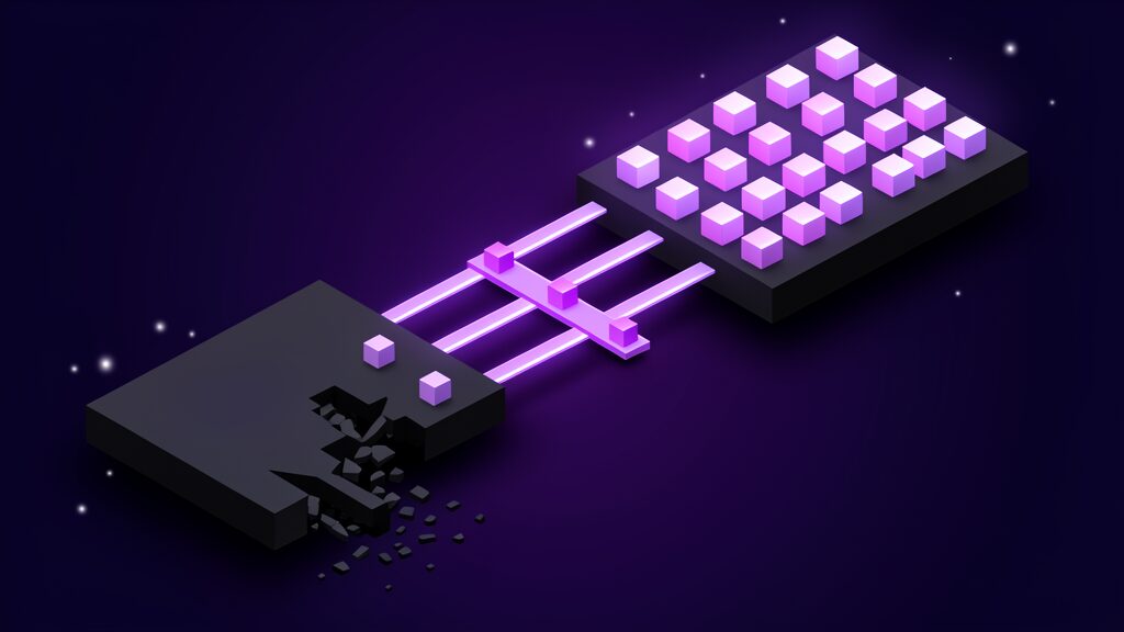Two platforms joined by four parallel glowing bridges with blocks crossing in four distinct ranks, the far platform filling while the vacated sections of the near one break away and fall, migration waves with decommissioning as the exit gate