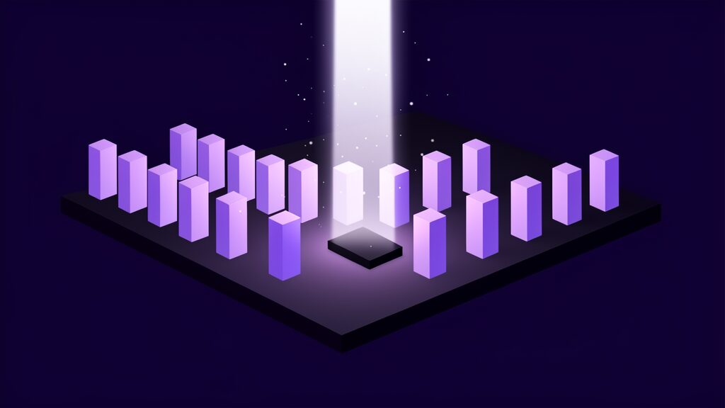 A long row of upright glowing slabs with one fallen dark slab in the middle being lifted back upright and relit by a narrow beam descending from above while the rest of the row stands undisturbed, remote recovery of a single failed device
