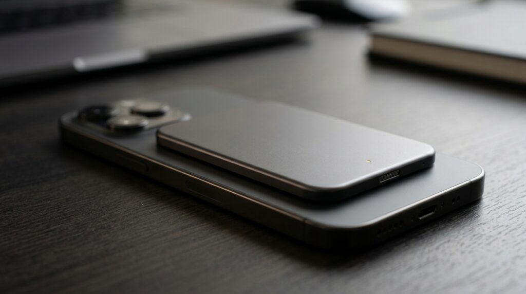 A compact AI note-taking accessory attached magnetically to the back of a smartphone.