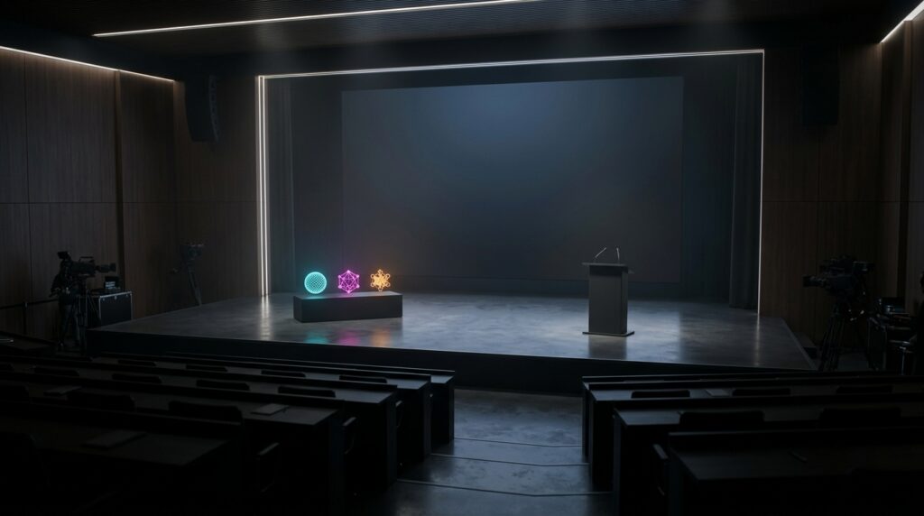 Three coloured AI symbols displayed in a minimalist technology announcement setting.