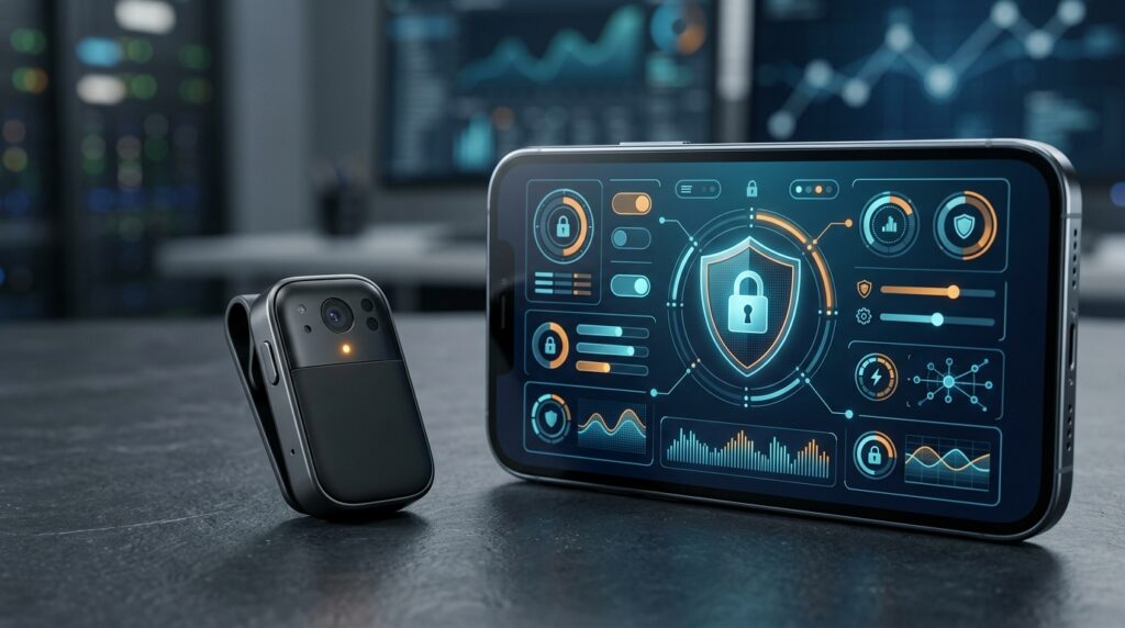 An AI recording device beside a smartphone representing privacy controls and encrypted conversation data.