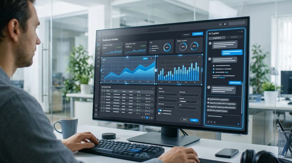 AI copilot displaying an interactive business dashboard with charts, tables and forms.