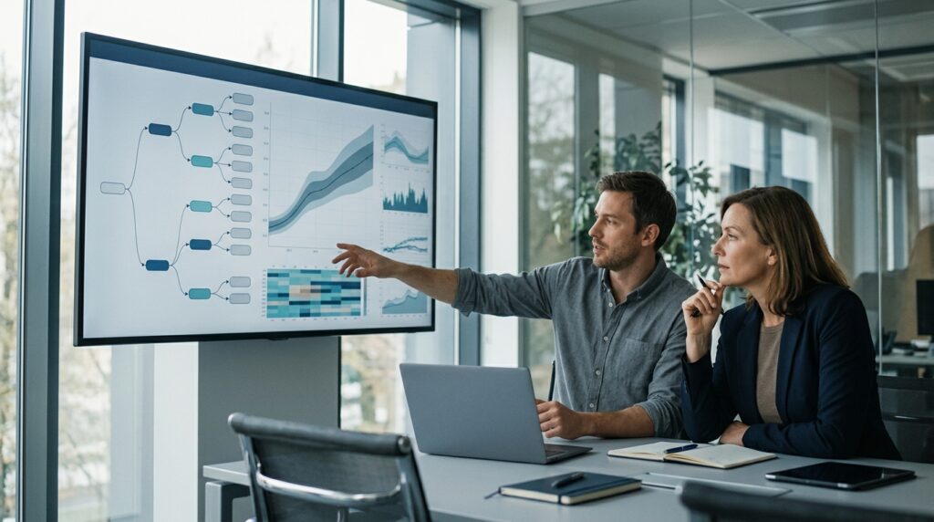 Business manager and technical specialist reviewing an AI recommendation before making a decision.