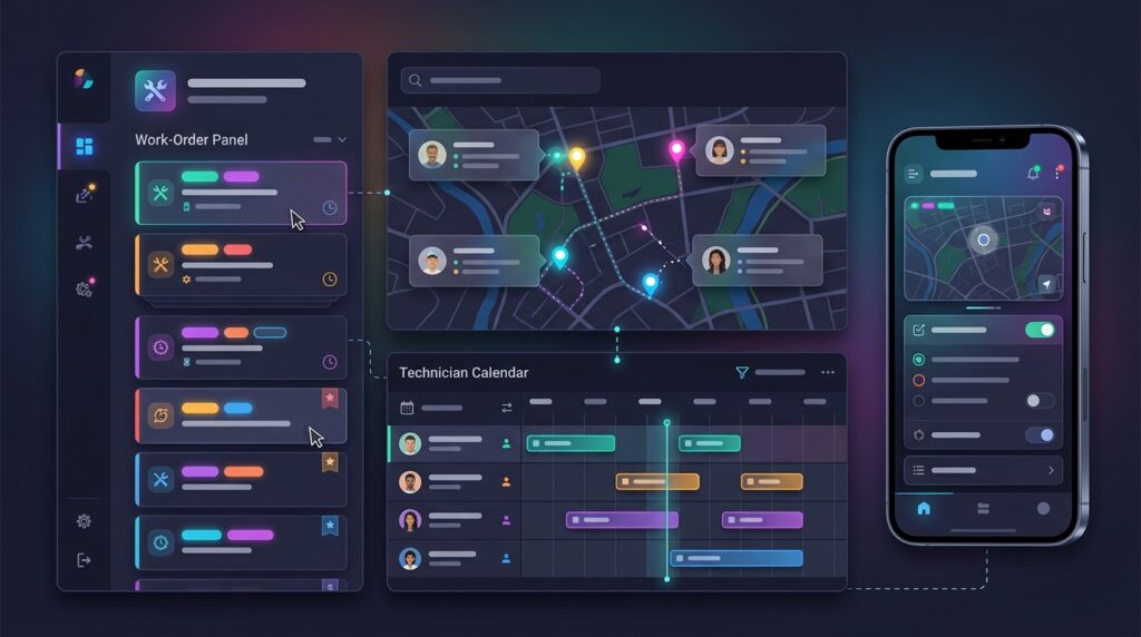 Scheduling dashboard with technician calendars, job assignments, and dispatch map