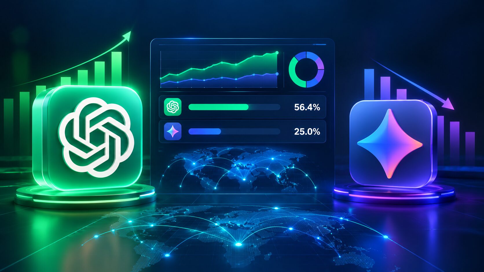 ChatGPT web traffic share reaches 56.4% as Google Gemini falls to 25% in AI chatbot website traffic statistics.