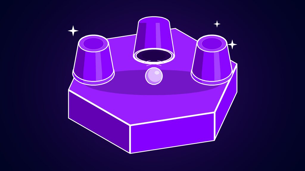 chatgpt watermark eu text openai textgrain f three shell game cups one tipped to show the ball