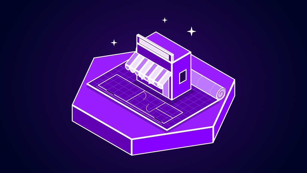 shopify canvas build online store chatting with ai a blueprint with a model shop standing on it