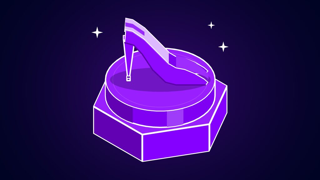 tiktok shopping assistant buy direct one click checkout a stiletto high heel on a display riser