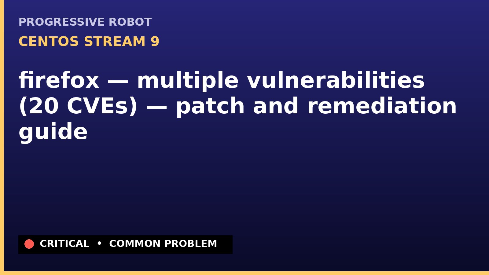 CentOS Stream 9 — firefox — multiple vulnerabilities (20 CVEs) — patch and remediation guide — diagnosis and fix on CentOS Stream 9